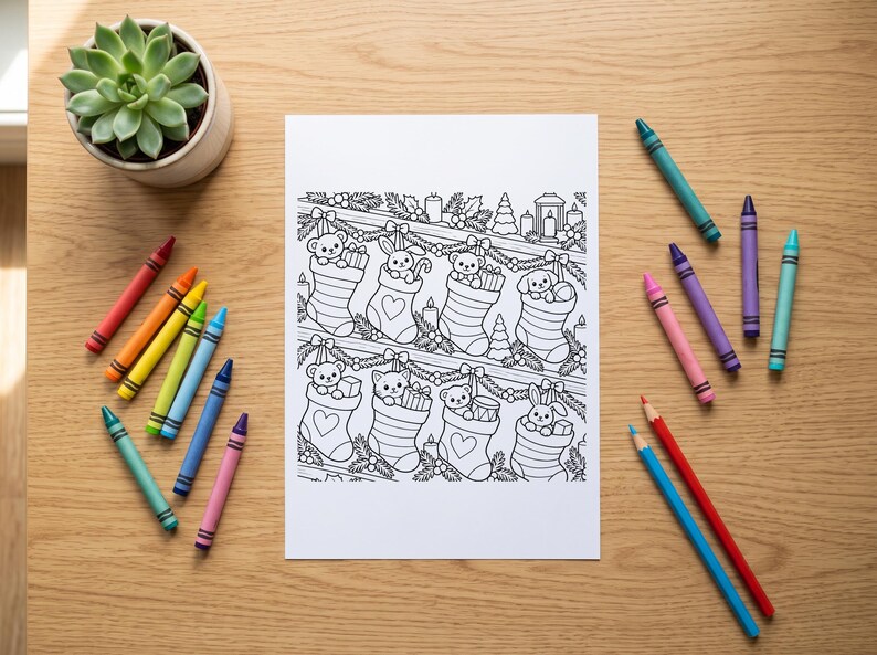 May include: A white rectangular colouring page featuring black line art of Christmas stockings hung on a mantel, each containing a different animal character, surrounded by holiday greenery, candles, and gifts, with scattered colourful crayons.