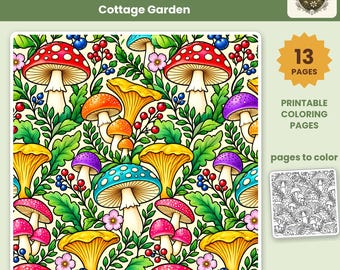 Op de afbeelding: Een digitaal kleurboekset getiteld Cozy Patterns Cottage Garden met 13 printbare pagina's. Het ontwerp toont een herhalend patroon van kleurrijke paddenstoelen, groene bladeren, kleine roze bloemen en rode en blauwe bessen.