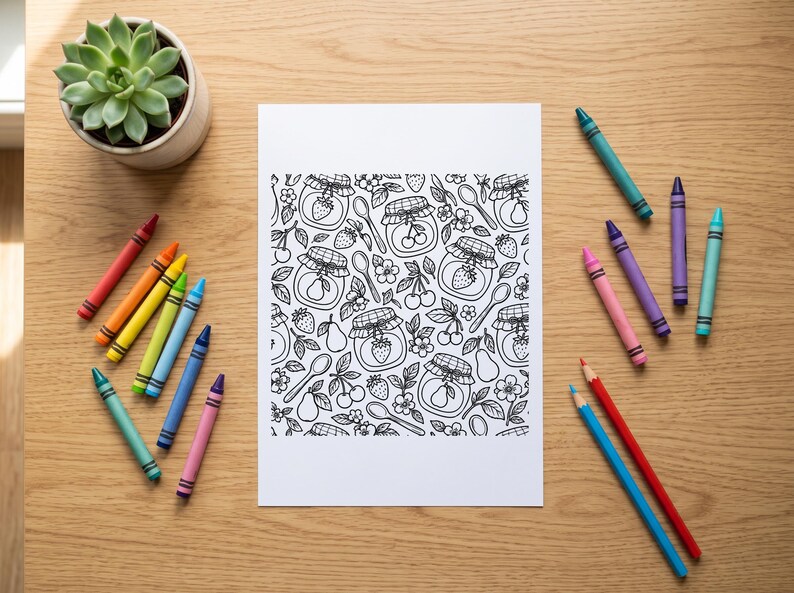 Op de afbeelding: Een wit rechthoekig vel papier met een zwart-wit lijnpatroon van jampotten, aardbeien, kersen, peren en lepels. Het papier is omringd door een verzameling kleurrijke waskrijtjes en een kleine groene vetplant.