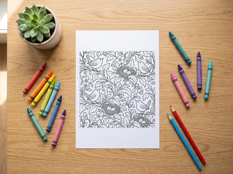 Puede incluir: Una hoja de papel rectangular blanca con una detallada ilustraci&oacute;n de l&iacute;neas en blanco y negro de p&aacute;jaros, nidos con huevos, flores y ramas frondosas, rodeada por un surtido de crayones de cera de colores sobre una superficie de madera clara.