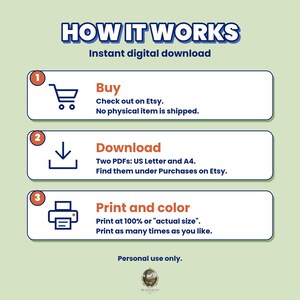 May include: An instructional graphic titled HOW IT WORKS Instant digital download. It outlines three steps: 1. Buy on Etsy, no physical item shipped. 2. Download two PDFs in US Letter and A4 sizes. 3. Print at 100% or actual size. Personal use only.
