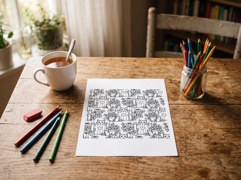 Puede incluir: Una hoja de papel blanca que presenta una p&aacute;gina para colorear con arte lineal en blanco y negro con un patr&oacute;n repetitivo de gatos, flores en macetas y puertas de jard&iacute;n con detalles de corazones, junto a una taza blanca y l&aacute;pices de colores.