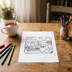 May include: A white sheet of paper featuring a black and white line art coloring page illustration of a squirrel standing behind a market stall counter and a dog standing in front of it, with a sun, clouds, and a house in the background.