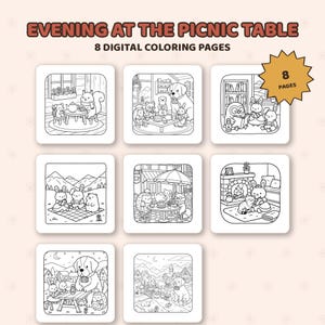 May include: A set of 8 digital coloring pages titled EVENING AT THE PICNIC TABLE. Each square page features black and white line art illustrations of anthropomorphic animals in various settings, including tea parties, reading, and outdoor scenes.