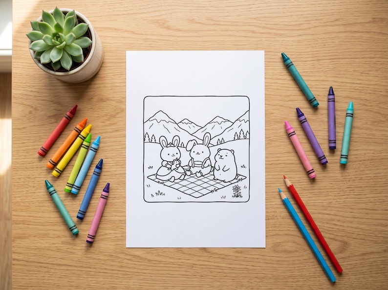 May include: A white sheet of paper featuring a black and white line art illustration of two rabbits and a hamster having a picnic on a checkered blanket in front of mountains, surrounded by a collection of colorful wax crayons on a wooden surface.