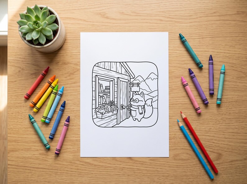 May include: A white sheet of paper featuring a black and white line art illustration of a fox wearing glasses and a scarf, holding a key to a small wooden building with a bookshelf and window box, surrounded by scattered colorful wax crayons.