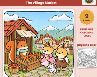 May include: A digital illustration titled EDELHOLLOW The Village Market featuring a squirrel vendor in a wooden stall with baskets of oranges, two rabbits, and a small unicorn. Includes 9 PAGES PRINTABLE COLORING PAGES text and a black and white line art preview.