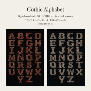 May include: A digital download titled Gothic Alphabet featuring two sets of letters A through Z on black backgrounds. One set displays red and gold floral patterns, while the other set features monochromatic grey and white floral designs.