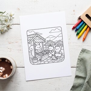 May include: A black and white coloring page featuring a squirrel selling produce from a wooden stall, with two rabbits and a small unicorn standing nearby. The scene includes a cobblestone path, mountain peaks, and clouds in the background.