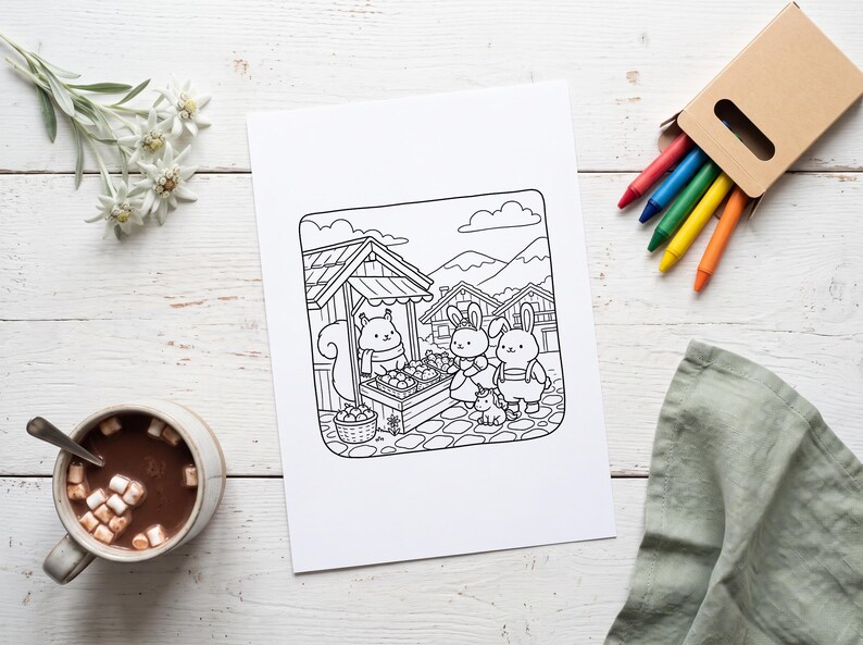 May include: A black and white coloring page featuring a squirrel selling produce from a wooden stall, with two rabbits and a small unicorn standing nearby. The scene includes a cobblestone path, mountain peaks, and clouds in the background.