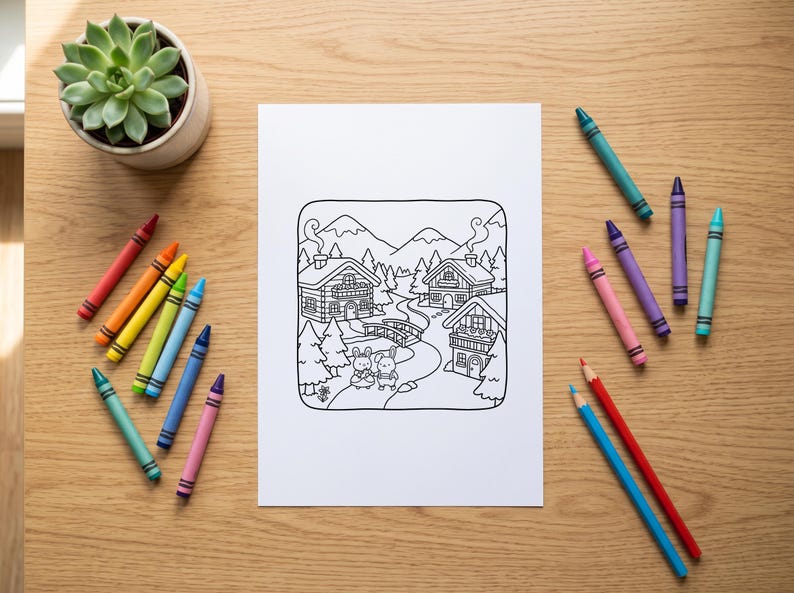 May include: A white sheet of paper featuring a black and white line art illustration of a village scene with two rabbits, wooden houses, a bridge, and mountains, surrounded by a collection of colorful wax crayons on a light wood surface.