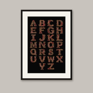 May include: A framed wall art print featuring the English alphabet from A to Z. Each letter is rendered in a dark red and gold floral pattern against a solid black background, enclosed within a simple black frame and a white mat border.