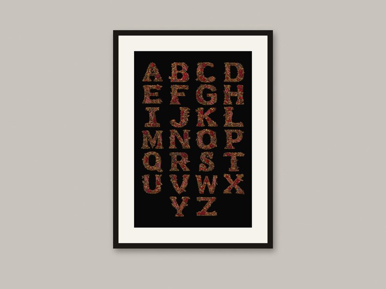 May include: A framed wall art print featuring the English alphabet from A to Z. Each letter is rendered in a dark red and gold floral pattern against a solid black background, enclosed within a simple black frame and a white mat border.