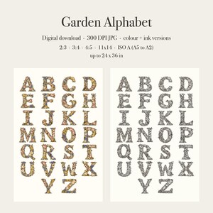 Pu&ograve; includere: Un download digitale intitolato Garden Alphabet che presenta due set di lettere dalla A alla Z. Un set mostra motivi floreali colorati, mentre l'altro mostra contorni a inchiostro bianco e nero. Include file JPG a 300 DPI in vari formati e proporzioni.