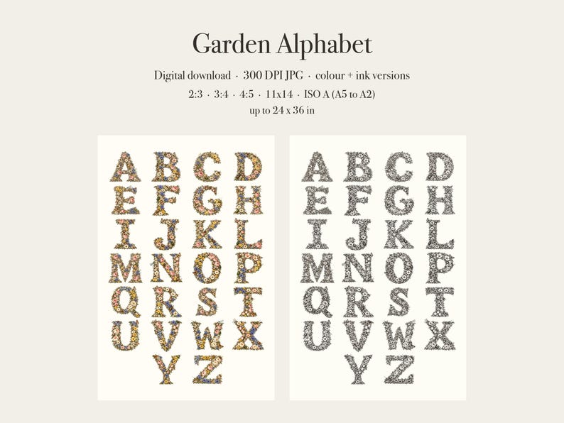 Pu&ograve; includere: Un download digitale intitolato Garden Alphabet che presenta due set di lettere dalla A alla Z. Un set mostra motivi floreali colorati, mentre l'altro mostra contorni a inchiostro bianco e nero. Include file JPG a 300 DPI in vari formati e proporzioni.