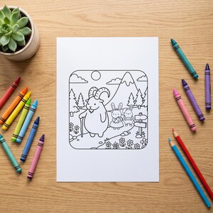 May include: A white coloring page featuring a black and white line art illustration of a goat with a walking stick and two rabbits on a path, surrounded by mountains, trees, and flowers, accompanied by a collection of colorful wax crayons.