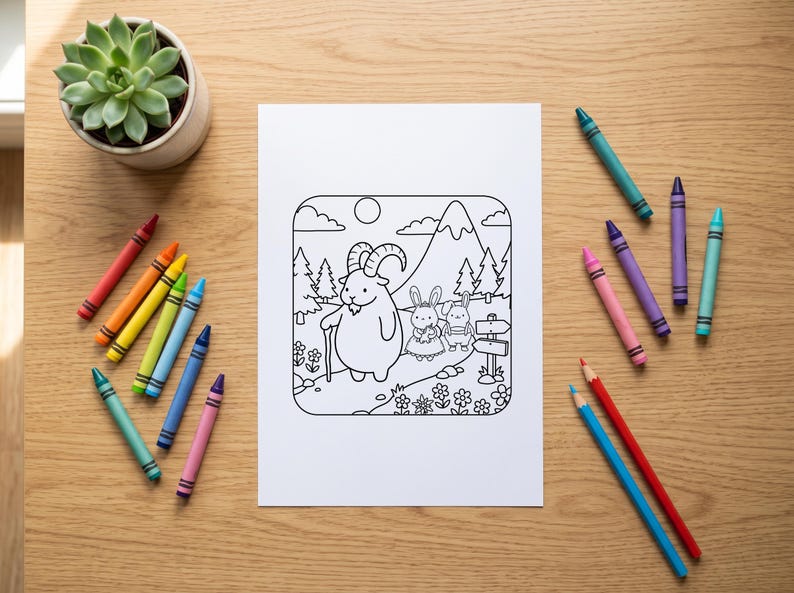 May include: A white coloring page featuring a black and white line art illustration of a goat with a walking stick and two rabbits on a path, surrounded by mountains, trees, and flowers, accompanied by a collection of colorful wax crayons.