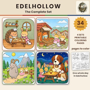 Könnte beinhalten: Ein Set aus 34 ausdruckbaren Malvorlagen mit dem Titel EDELHOLLOW The Complete Set. Das Bild zeigt vier farbenfrohe Illustrationen mit Zeichentricktieren wie Kaninchen, einem Igel, einem Eichhörnchen, einer Ziege und einem Hund in verschiedenen Umgebungen.