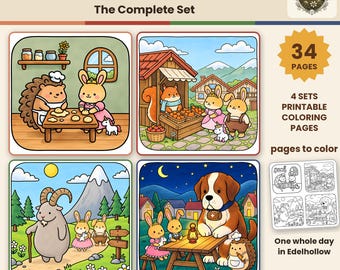 May include: A set of 34 printable coloring pages titled EDELHOLLOW The Complete Set. The image displays four colorful illustrations featuring cartoon animals like rabbits, a hedgehog, a squirrel, a goat, and a dog in various outdoor and indoor settings.