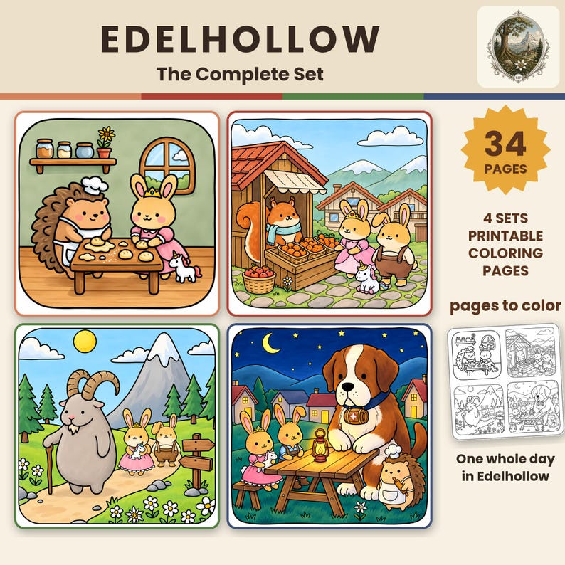 May include: A set of 34 printable coloring pages titled EDELHOLLOW The Complete Set. The image displays four colorful illustrations featuring cartoon animals like rabbits, a hedgehog, a squirrel, a goat, and a dog in various outdoor and indoor settings.
