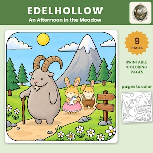 Könnte beinhalten: Ein Set aus 9 ausdruckbaren Malvorlagen mit dem Titel EDELHOLLOW An Afternoon in the Meadow. Die Hauptillustration zeigt eine graue Ziege mit einem Gehstock, ein Kaninchen in einem rosa Kleid mit Einhornspielzeug und ein Kaninchen in brauner Latzhose.