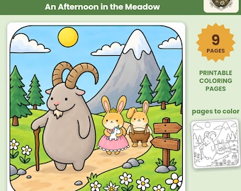 May include: A set of 9 printable coloring pages titled EDELHOLLOW An Afternoon in the Meadow. The main illustration features a gray goat with a walking stick, a rabbit in a pink dress holding a unicorn toy, and a rabbit in brown overalls on a path.