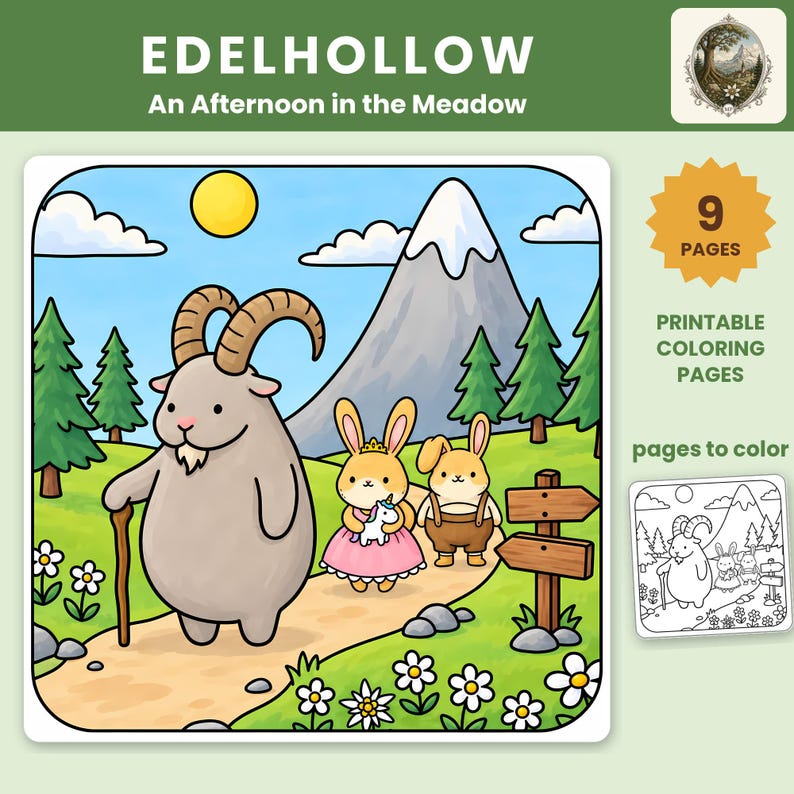 May include: A set of 9 printable coloring pages titled EDELHOLLOW An Afternoon in the Meadow. The main illustration features a gray goat with a walking stick, a rabbit in a pink dress holding a unicorn toy, and a rabbit in brown overalls on a path.
