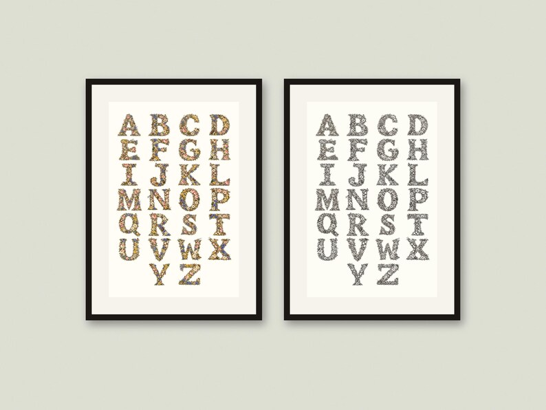 Pu&ograve; includere: Due stampe artistiche incorniciate che mostrano l'alfabeto in lettere maiuscole. La stampa a sinistra presenta lettere riempite con motivi floreali colorati, mentre quella a destra mostra lo stesso alfabeto con un design floreale in bianco e nero.