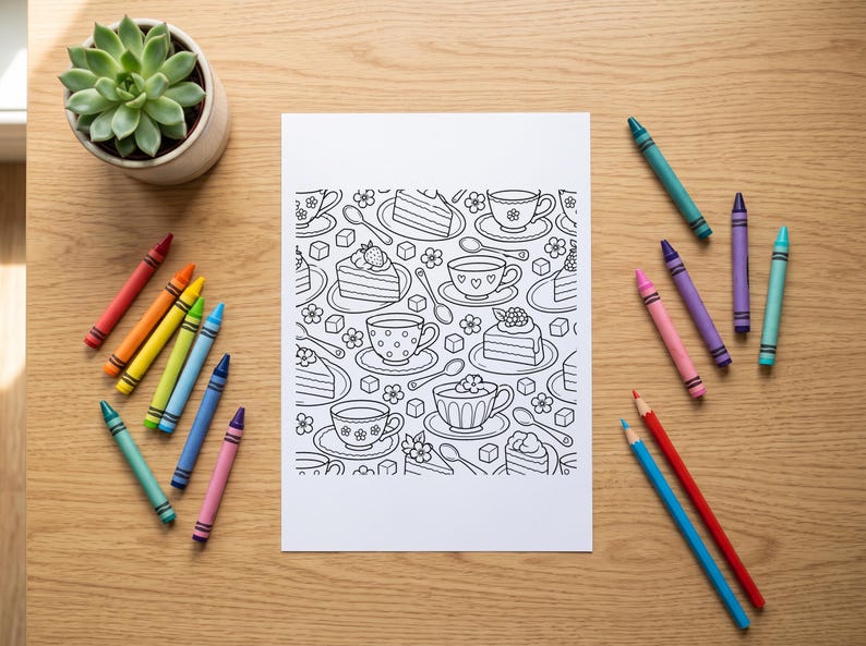 May include: A white rectangular sheet of paper featuring a black and white line art coloring page pattern of tea cups, slices of cake, spoons, sugar cubes, and small flowers, surrounded by various colorful wax crayons.