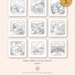 May include: A set of nine digital coloring pages titled An Afternoon in the Meadow, featuring black and white line art illustrations of various animals in outdoor settings, including mountains, bridges, and wildflowers, with a 9 pages badge.