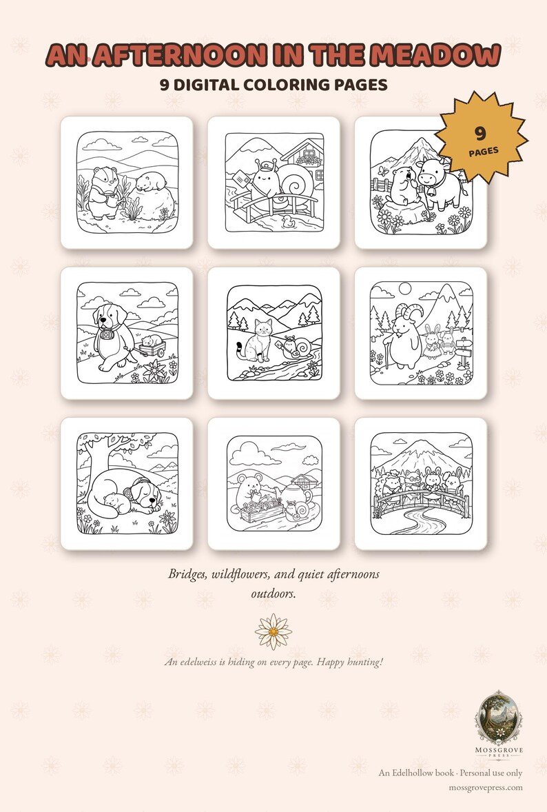 May include: A set of nine digital coloring pages titled An Afternoon in the Meadow, featuring black and white line art illustrations of various animals in outdoor settings, including mountains, bridges, and wildflowers, with a 9 pages badge.