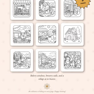 May include: A digital collection titled THE VILLAGE MARKET 9 DIGITAL COLORING PAGES featuring nine square black and white line art illustrations of anthropomorphic animals in a village setting, including a bakery, brewery, and market stalls.