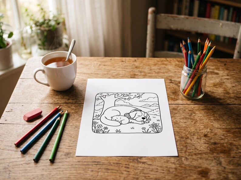 May include: A white sheet of paper featuring a black and white line art illustration of a dog and a cat sleeping together under a tree in a meadow with flowers, surrounded by colored pencils and a white mug on a wooden table.