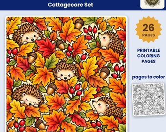 Op de afbeelding: Een digitale printbare kleurset getiteld COZY PATTERNS Cottagecore Set met 26 pagina's. De hoofdafbeelding toont een kleurrijk patroon van egels, herfstbladeren, eikels en rode bessen. Een zwart-wit lijntekeningvoorbeeld is inbegrepen.