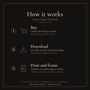 May include: A black informational graphic with gold text titled How it works, instant digital download. It outlines three steps: 1. Buy, 2. Download five files including European A sizes, and 3. Print and frame. Includes Mossgrove Press Weird Nature.