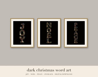 Può includere: Tre stampe incorniciate con le parole JOY, NOEL e PEACE. Ogni lettera è composta da un motivo floreale e botanico scuro e intricato su uno sfondo nero a tinta unita. Le cornici sono sottili e color oro, presentando una disposizione verticale di arte testuale a tema festivo.