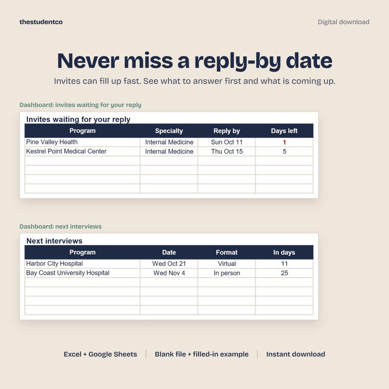 May include: A digital download template for tracking medical residency applications. The layout features two tables titled Invites waiting for your reply and Next interviews, with columns for program names, dates, and status updates.