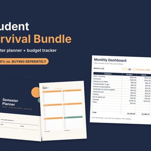 May include: A Student Survival Bundle digital planner and budget tracker set. The dark blue graphic displays the text Student Survival Bundle, Semester planner + budget tracker, and a Semester Planner cover with a weekly schedule and monthly dashboard.
