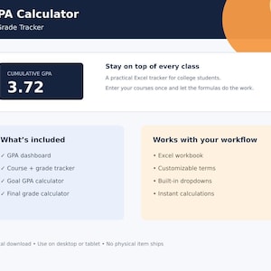 May include: A digital GPA calculator and grade tracker Excel workbook interface. The layout features a cumulative GPA of 3.72, a list of included features like a dashboard and grade calculators, and a section detailing workflow compatibility.