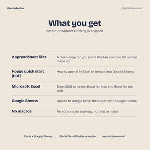 May include: A digital download information graphic titled What you get, listing 2 spreadsheet files, a 1-page quick start PDF, compatibility with Microsoft Excel 2016 or newer, Google Sheets, and no macros. The text is dark blue on a light beige background.