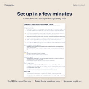 May include: A digital Residency Application and Interview Tracker document with dark blue text on a light background. It includes instructions for setup, a color key, and guidance for using the file in Excel or Google Sheets software.