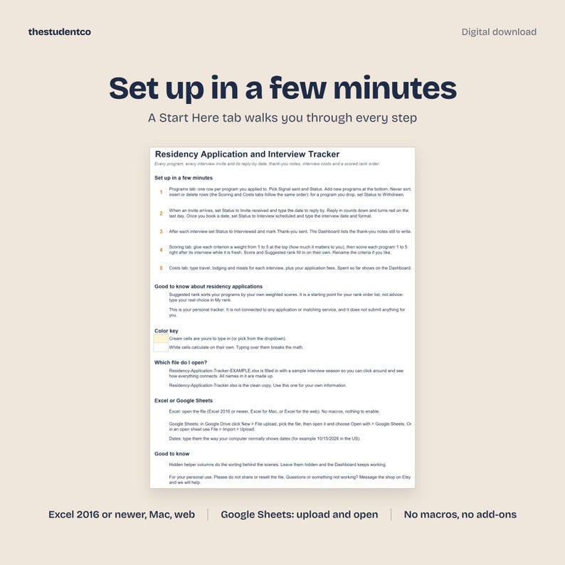 May include: A digital Residency Application and Interview Tracker document with dark blue text on a light background. It includes instructions for setup, a color key, and guidance for using the file in Excel or Google Sheets software.