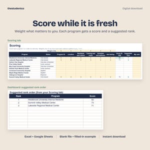 May include: A digital download spreadsheet template titled Score while it is fresh by thestudentco. It includes a Scoring tab with a program evaluation table and a Dashboard tab showing a suggested rank order for medical residency programs.