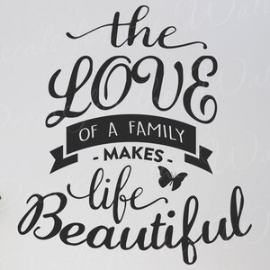Autocollant Mural Déco - Citation "The Love Of A Family Makes Life Beautiful" - Modèle T52