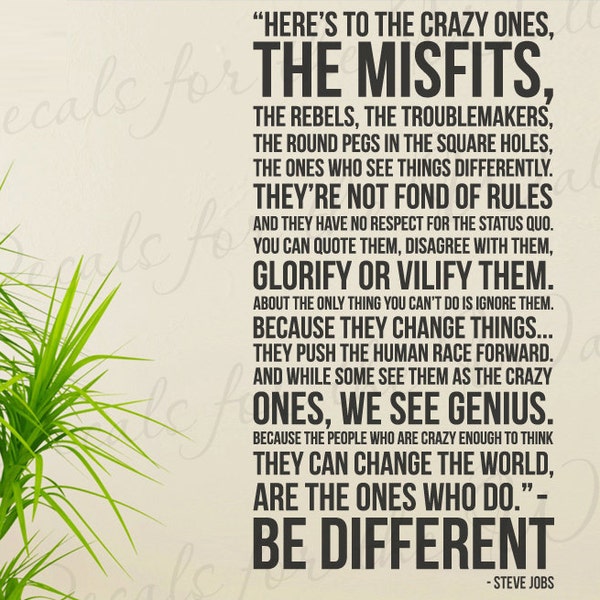 Steve Jobs Heres to Crazy Ones Misfits Rebels Be Different Inspirational Motivational Leadership Office Wall Quote Sticker Vinyl Decal A28