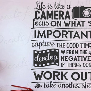 Puede incluir: Cita inspiradora en blanco y negro sobre la vida que es como una cámara. La cita dice: "La vida es como una cámara, concéntrate en lo importante, captura los buenos momentos, desarrolla a partir de los negativos, si las cosas no funcionan, toma otra foto."