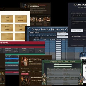 May include: A digital collection of Dungeon Master tools including a dashboard, initiative tracker, NPC tracker, and journal interface. The display features dark-themed menus, text fields, and a small group of grey miniature fantasy figures.