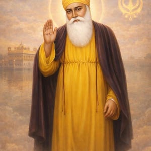 Guru Nanak sopra i riflessi del Tempio Dorato avvolto dalla nebbia - Download digitale, 5156 x 7813 px JPG