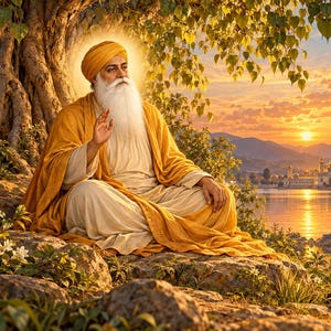Guru Nanak nella luce dorata del tramonto, download digitale, opera d'arte sikh, 1448 x 1086 px PNG