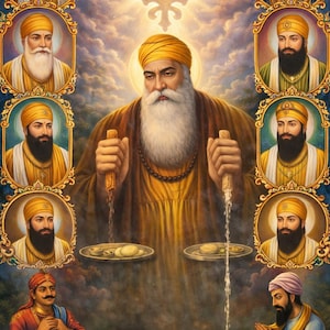 Guru Nanak e i Guru Sikh - Collage dorato - Download digitale, 5156 x 7813 px JPG